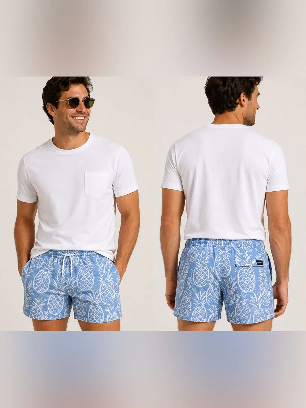 Chubbies Pineapple Print Swim Trunks Blue White Lined Beach Shorts